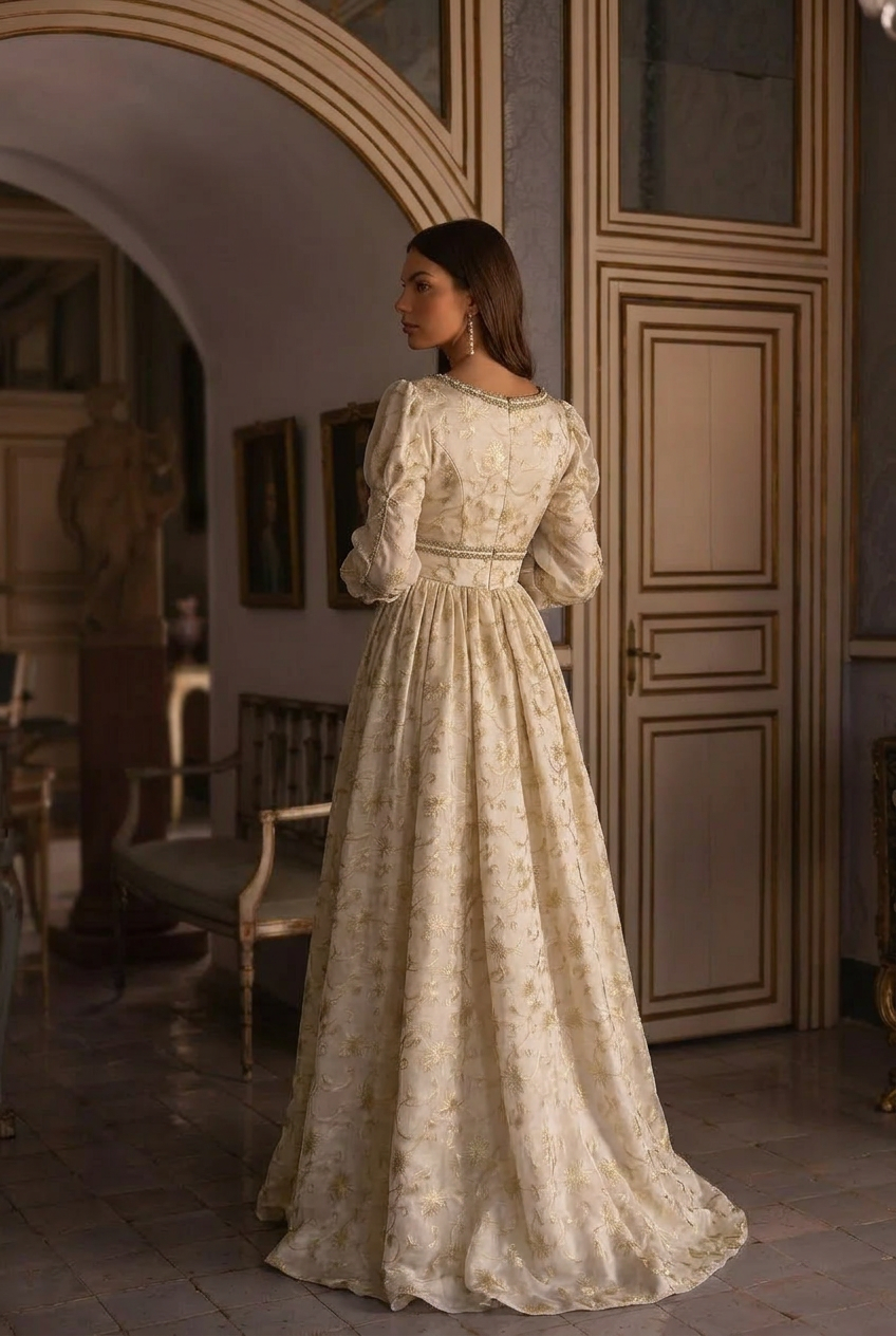 Regency Era Champagne Gold Embroidered Empire Waist Gown Bridgerton WonderlandByLilian Regency Era Champagne Gold Embroidered Empire Waist Gown Bridgerton WonderlandByLilian