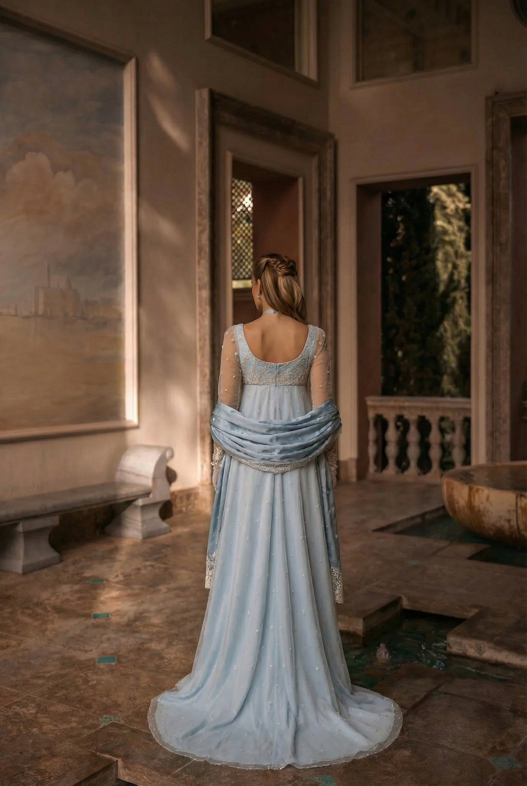 Bridgerton Inspired Daphne Blue Lace Dress Sleeveless - Regency Era Blue Empire Waist Dress Plus Size