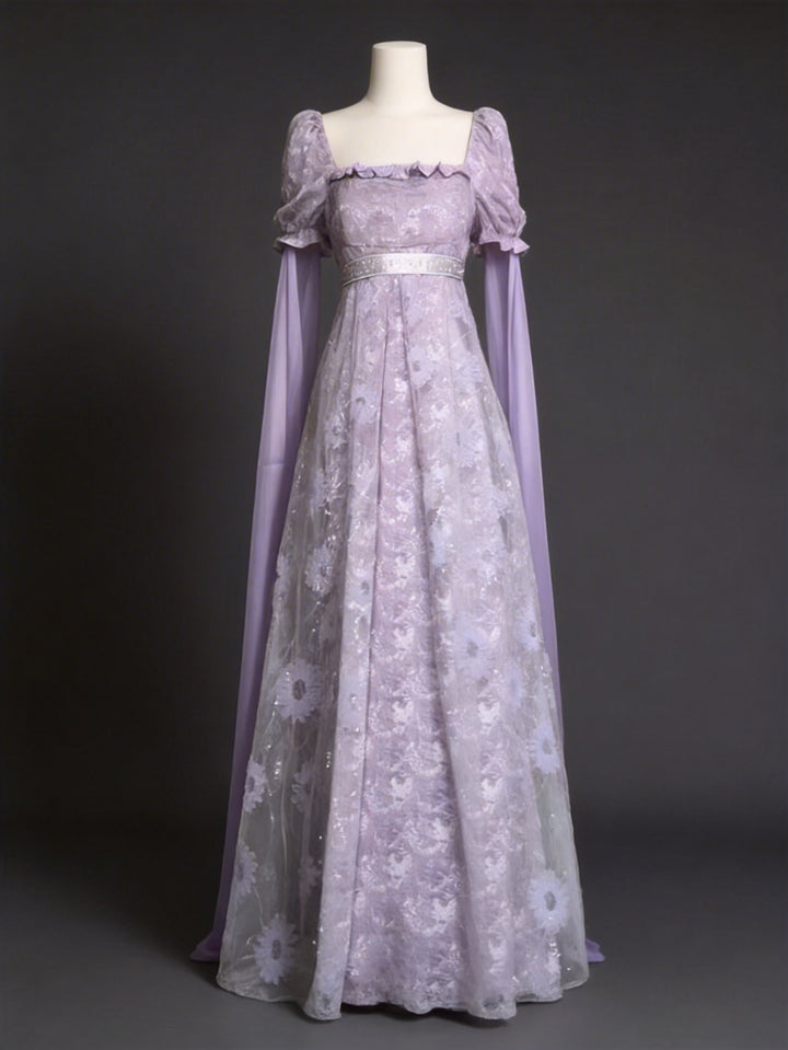 Regency Era Lavender Lace Empire Waist Vintage Gown with Sheer Puff Sleeves and Matching Shawl – Bridgerton Inspired Dress Plus Size