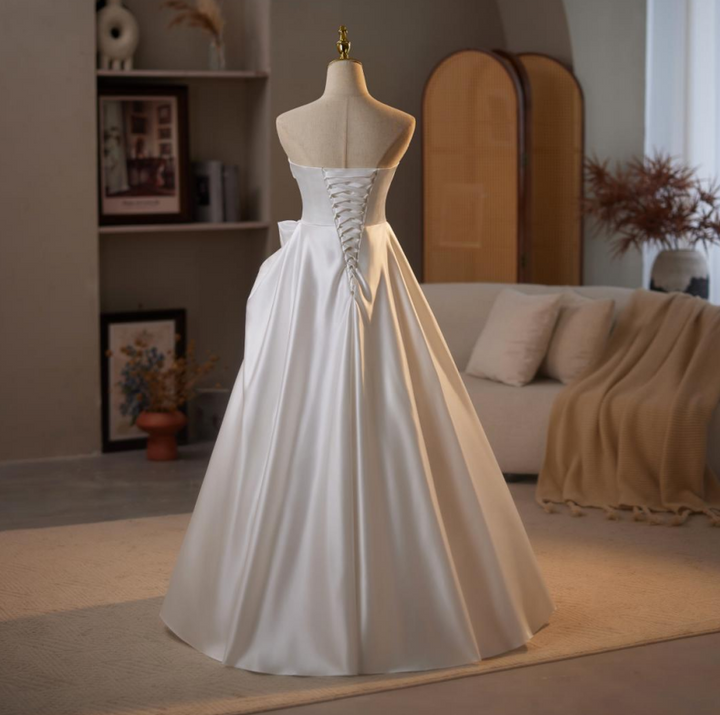 Strapless Satin Wedding Dress with Fold Over Neckline – Simple Satin Wedding Dress with Corset Plus Size