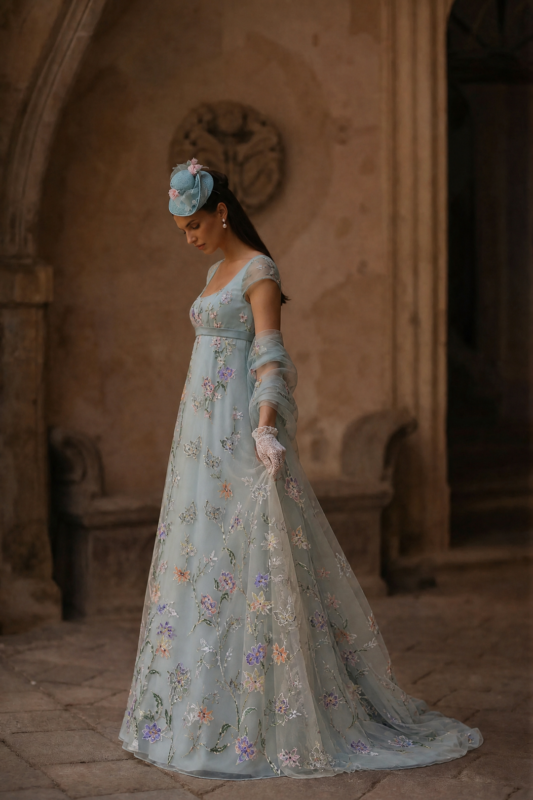 Bridgerton Daphne Blue Dress With Floral Lace Satin - Regency Era Blue Dress Plus Size Size 16W / Blue / With Shawl and Gloves Bridgerton Daphne Blue Dress With Floral Lace Satin - Regency Era Blue Dress Plus Size Size 16W / Blue / With Shawl and Gloves