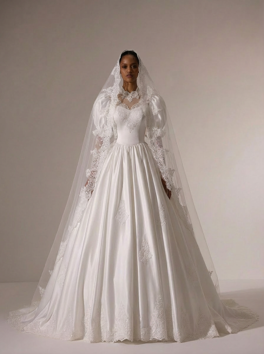 Vintage Long Sleeve Wedding Dress with High Neck Simple Modest Wedding Dress with Lace Train Plus Size Size 28W / No Veil Vintage Long Sleeve Wedding Dress with High Neck Simple Modest Wedding Dress with Lace Train Plus Size Size 28W / No Veil