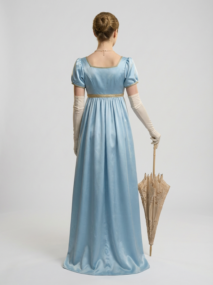 Bridgerton Daphne Blue Dress with Gauze - Regency Era Blue Satin Wedding Dress Plus Size