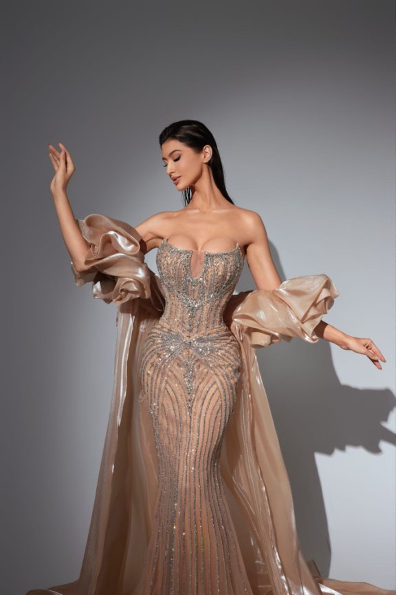 Champagne Glitter Maxi Dress with Dramatic Satin Sleeves – Strapless Sequin Evening Gown Plus Size