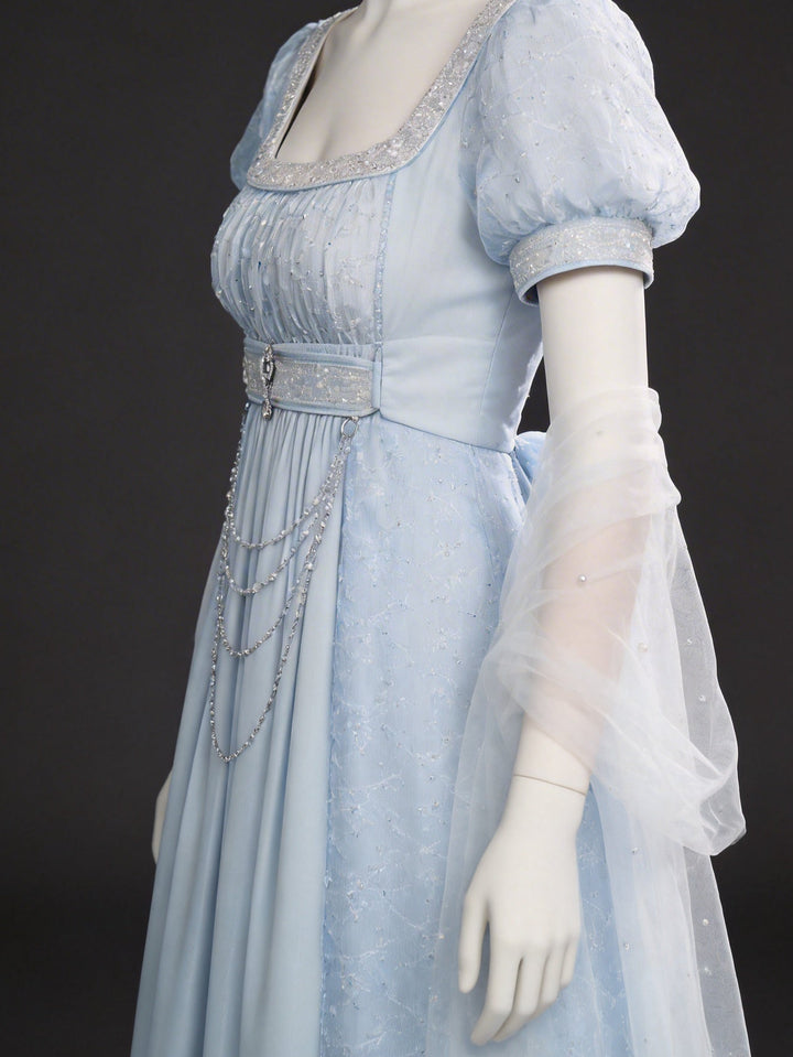 Regency Era Blue Lace Empire Waist Vintage Gown – Bridgerton Inspired Sheer Overlay Dress Plus Size