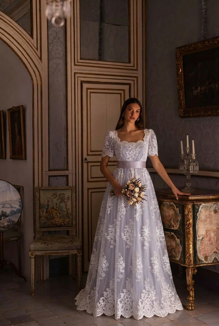 Regency Purple Dress - Bridgerton Daphne Soft Lavender Grey Satin Dress With Lace- Plus Size