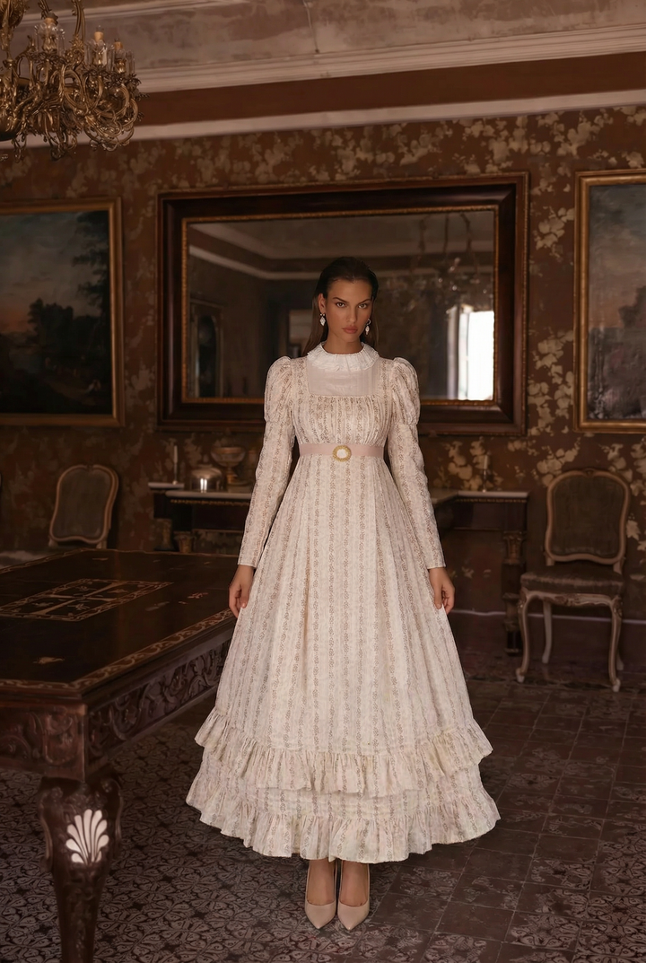 Bridgerton Inspired Regency Era High-necked Beige Striped Dress  - Regency Era Ball Gown Plus Size