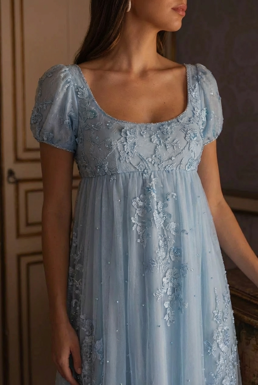 Bridgerton Daphne Blue Pink Lilac Lace Dress With Beading- Regency Era Blue Lace Dress Plus Size