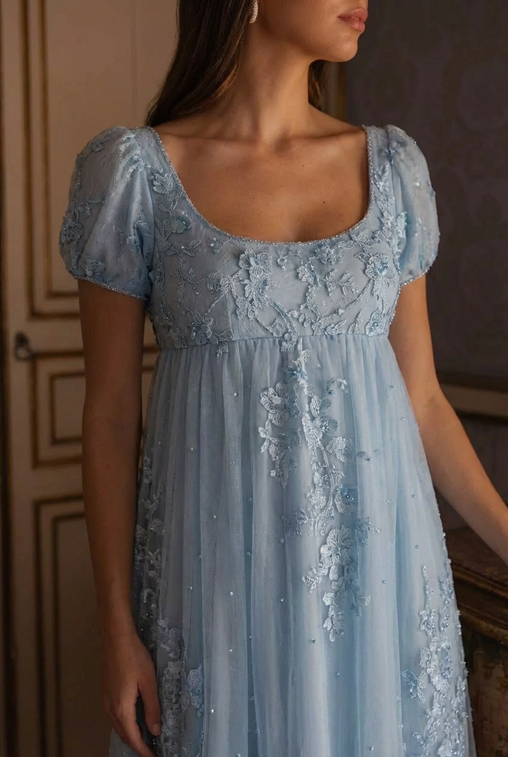 Bridgerton Daphne Blue Pink Lilac Lace Dress With Beading- Regency Era Blue Lace Dress Plus Size