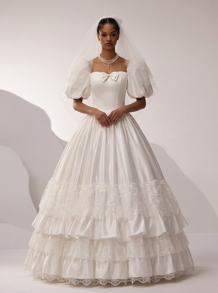 Vintage Puff Sleeve Wedding Dress with Lace Tiered Skirt – Ruffle Layered Wedding Dress with Bow Detail Plus Size