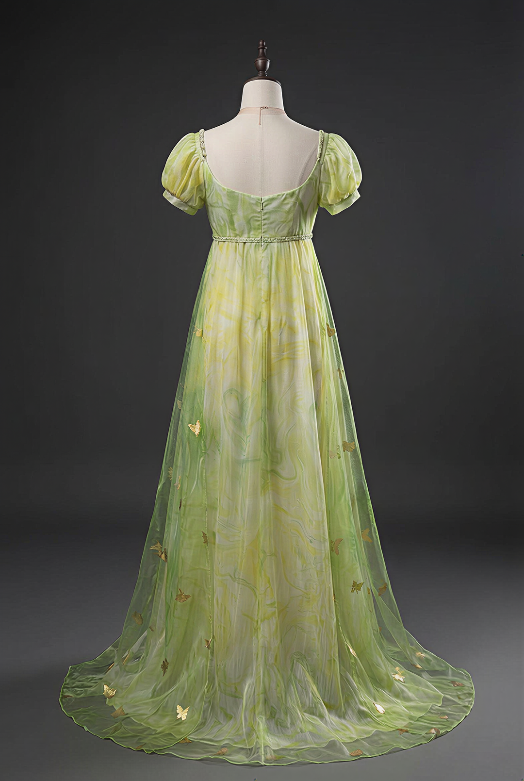 Regency Era Green Butterfly Embroidered Empire Waist Vintage Gown with Puff Sleeves – Bridgerton Inspired Dress Plus Size