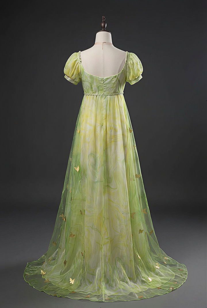 Regency Era Green Butterfly Embroidered Empire Waist Vintage Gown with Puff Sleeves – Bridgerton Inspired Dress Plus Size