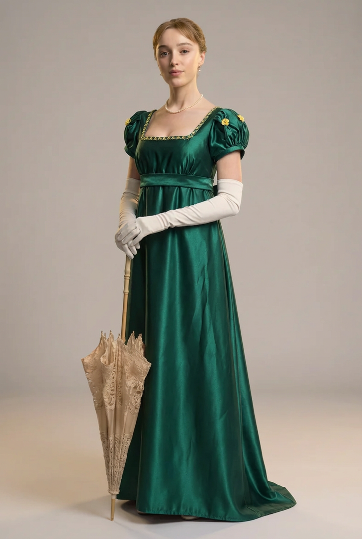Emerald Green Bridgerton Inspired Regency Dress Women - Green Bridgerton Dress with Bow Tie Belt Plus Size