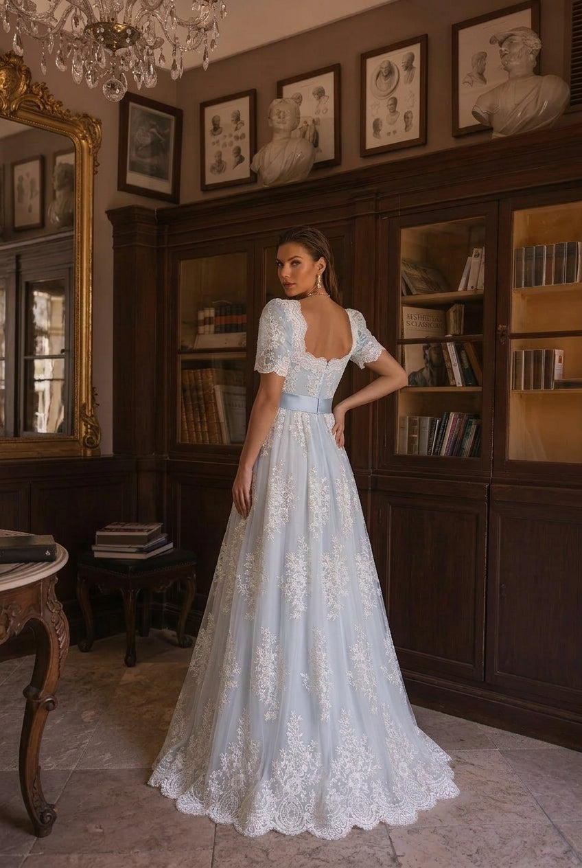 Bridgerton Daphne Empire Waist Blue Dress With Lace- Regency Era Ball Gown Plus Size