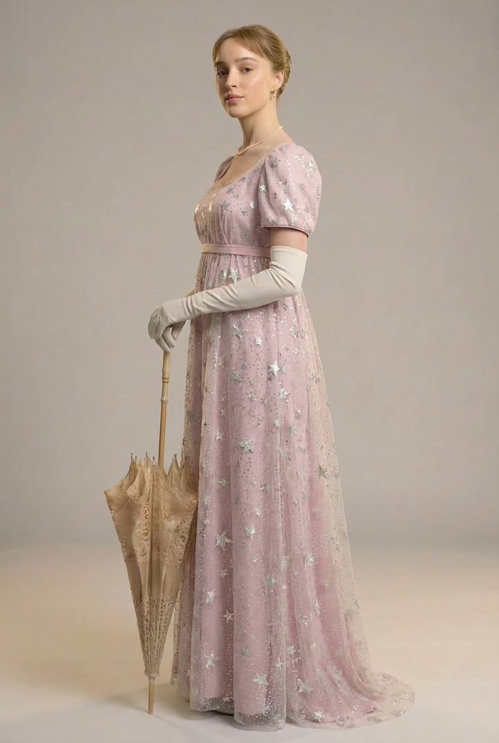 Bridgerton Daphne Pink Dress With Star Sequins - Regency Era Pink Satin Dress Plus Size