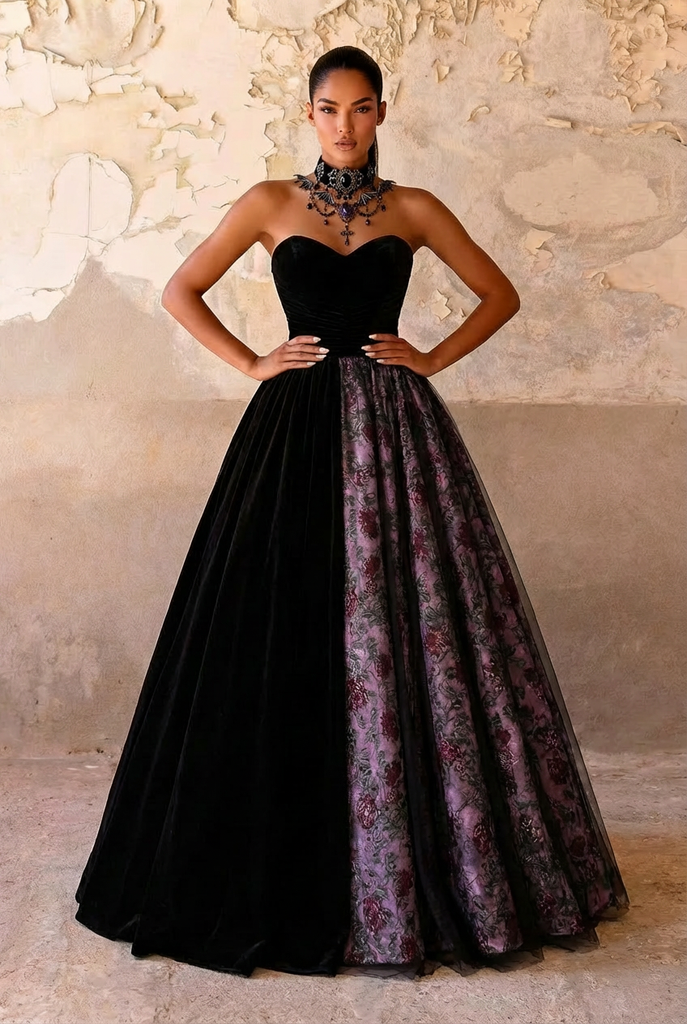 Black and Purple Gothic Wedding Dress With Floral- Sexy Gothic Strapless Ball Gown Plus Size Size 14 / Black / With Matching Chocker