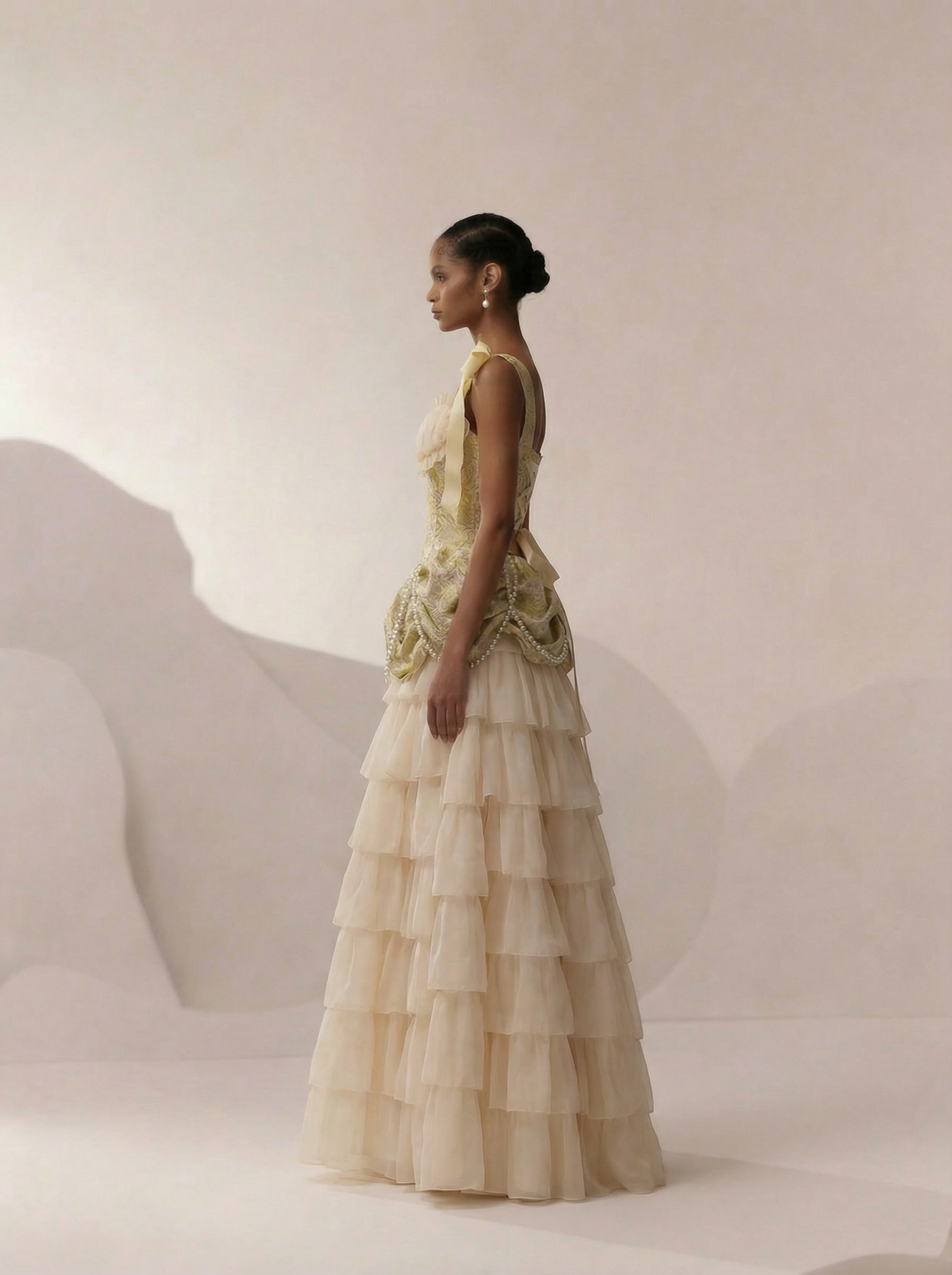Vintage Yellow and Cream Layered Tulle Ruffle Dress - Corset Back Evening Gown with Lace Plus Size