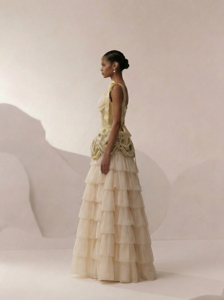 Vintage Yellow and Cream Layered Tulle Ruffle Dress - Corset Back Evening Gown with Lace Plus Size