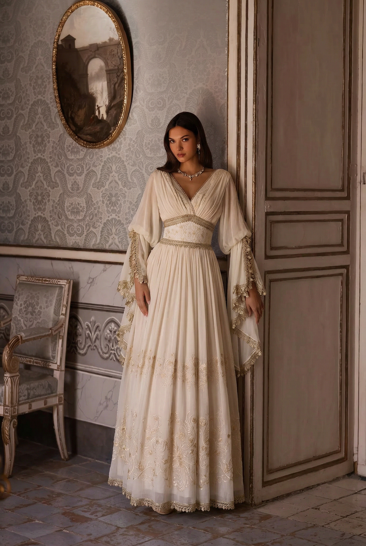 Ivory Fantasy Goddess Dress with Embroidered Details - Fantasy Dress with Flowing Sleeves and Corset Plus Size