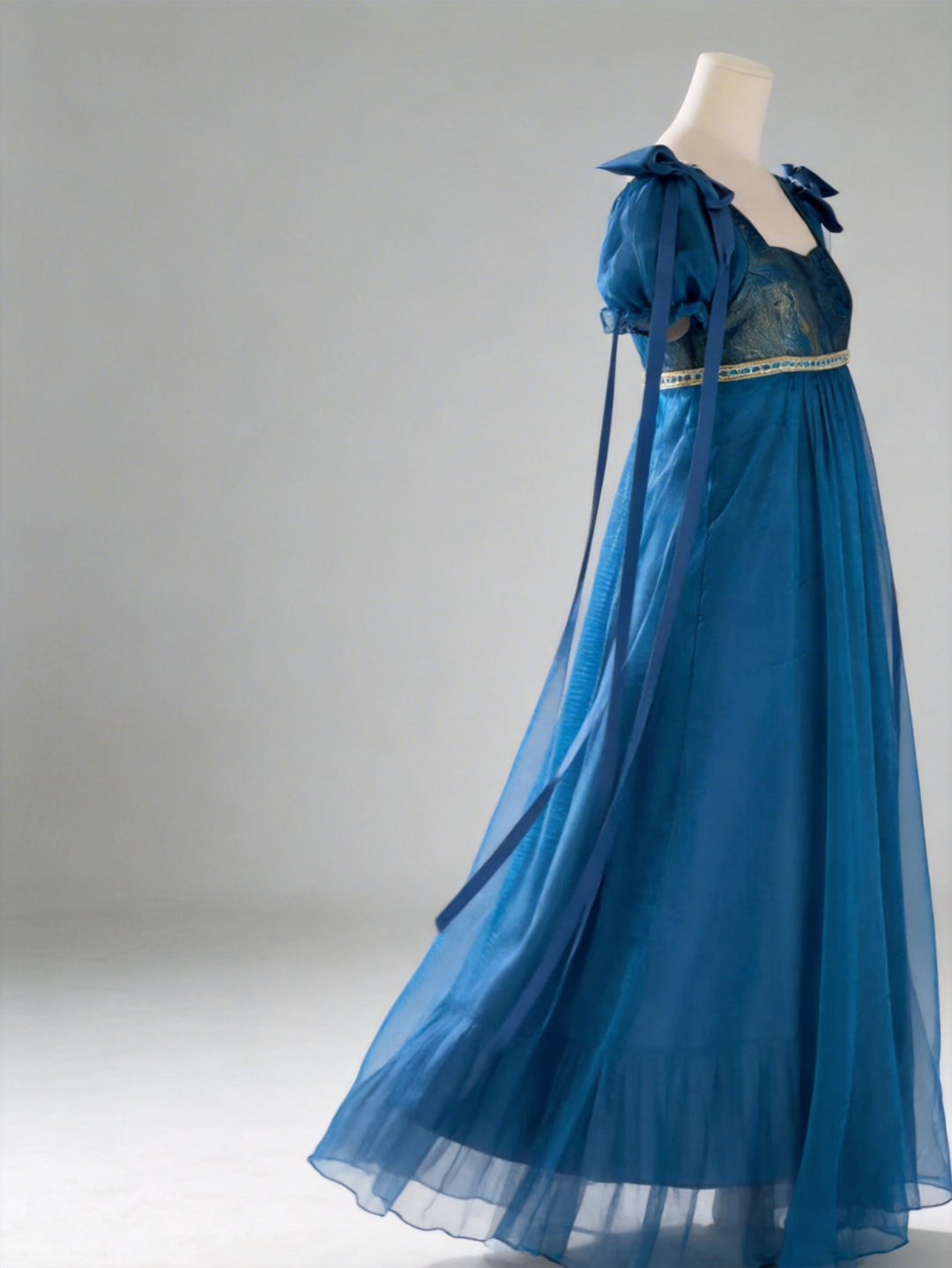 Regency Era Teal Empire Waist Chiffon Dress with Lace Bodice and Puff Sleeves – Bridgerton Inspired Vintage Gown Plus Size