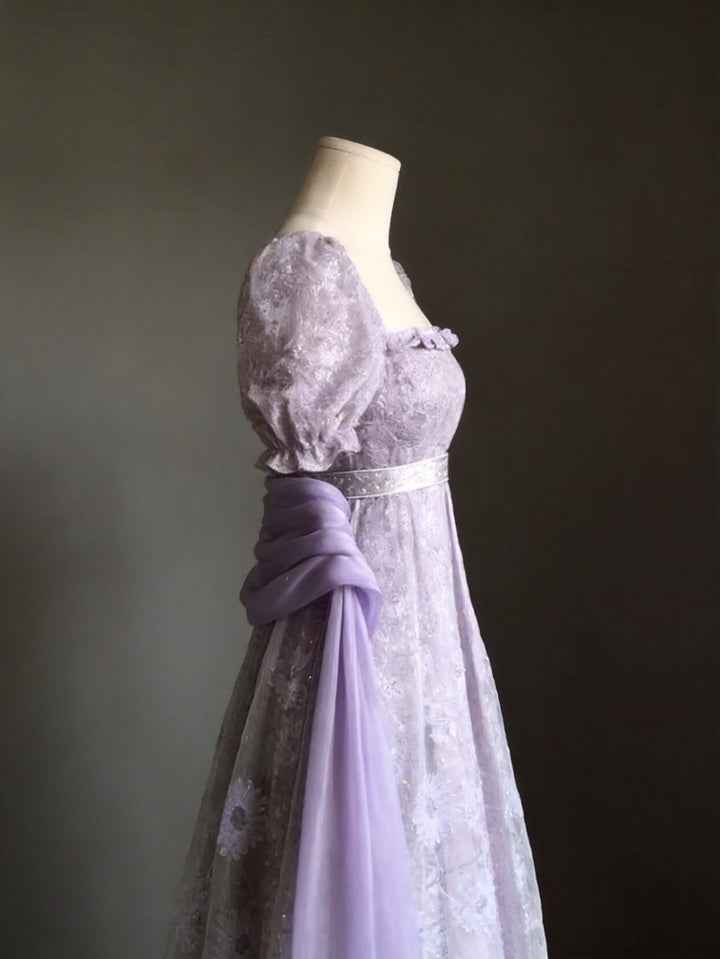 Regency Era Lavender Lace Empire Waist Vintage Gown with Sheer Puff Sleeves and Matching Shawl – Bridgerton Inspired Dress Plus Size