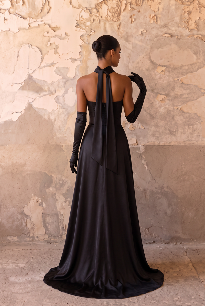 Black Satin Evening Gown with Strapless Neckline & Scarf A-Line Formal Dress Plus Size