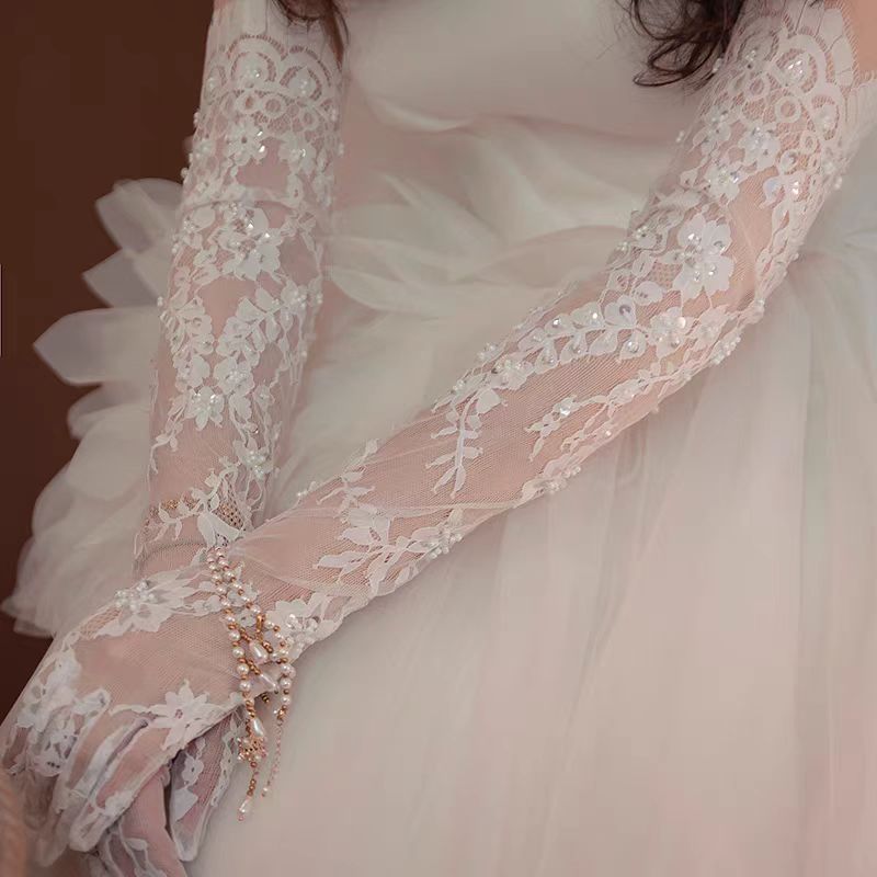 White Lace Embroidered Long Bridal Gloves with Sequin Details