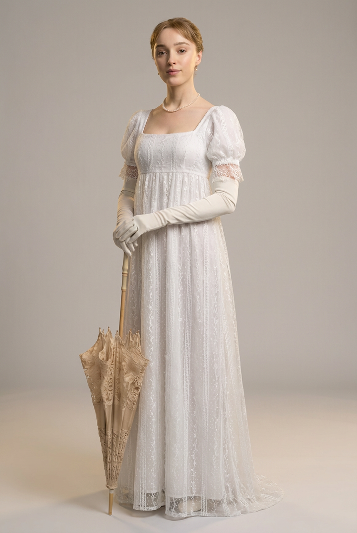 Romantic Regency Era White Lace Wedding Dress - Empire Waist Ball Gown Plus Size