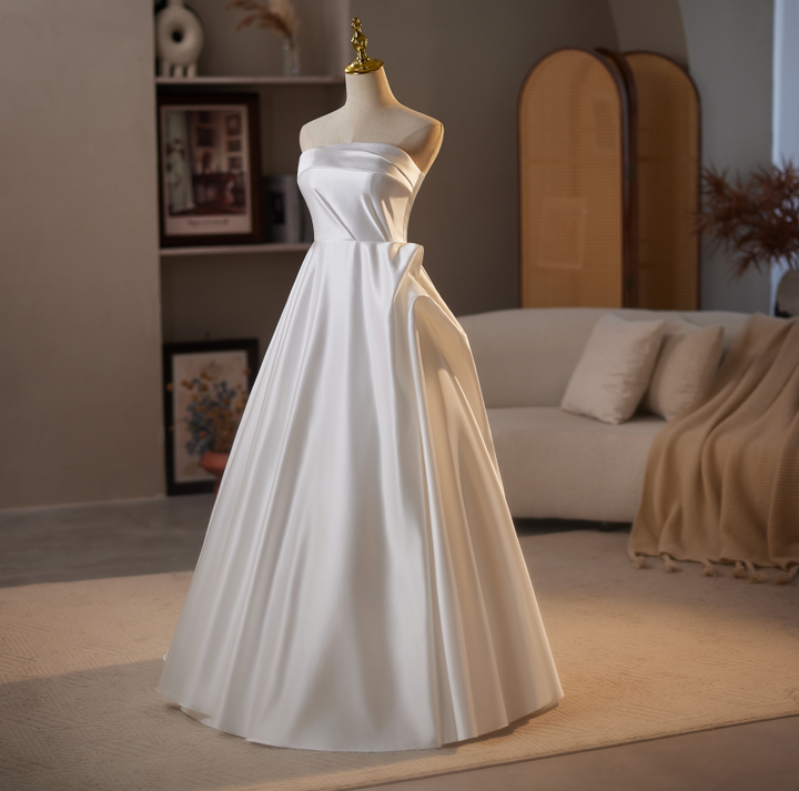 Strapless Satin Wedding Dress with Fold Over Neckline – Simple Satin Wedding Dress with Corset Plus Size