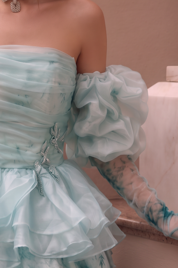 Aqua Blue Floral Off-Shoulder Vintage Ball Gown Evening Dress - Plus Size