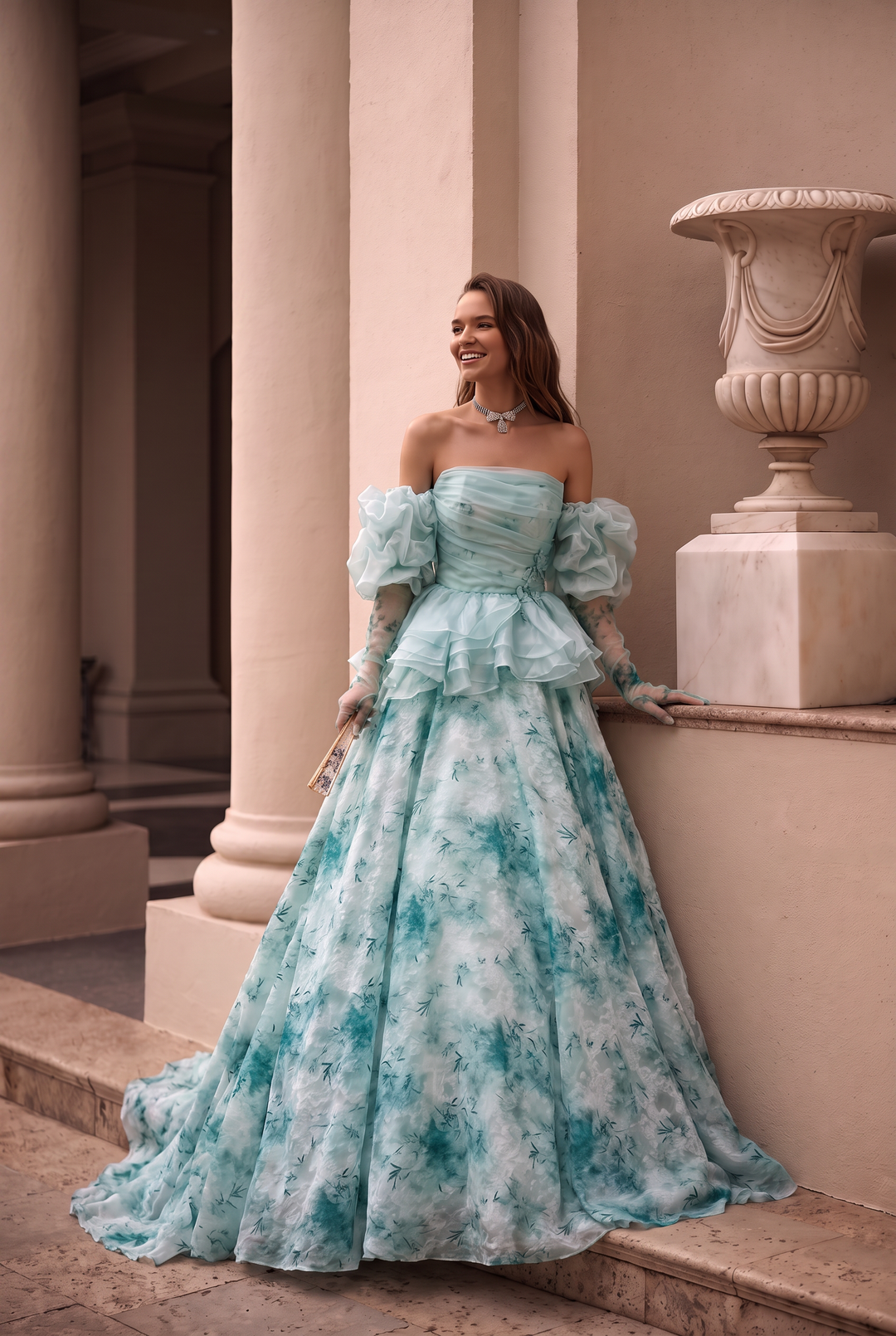 Aqua Blue Floral Off-Shoulder Vintage Ball Gown Evening Dress
