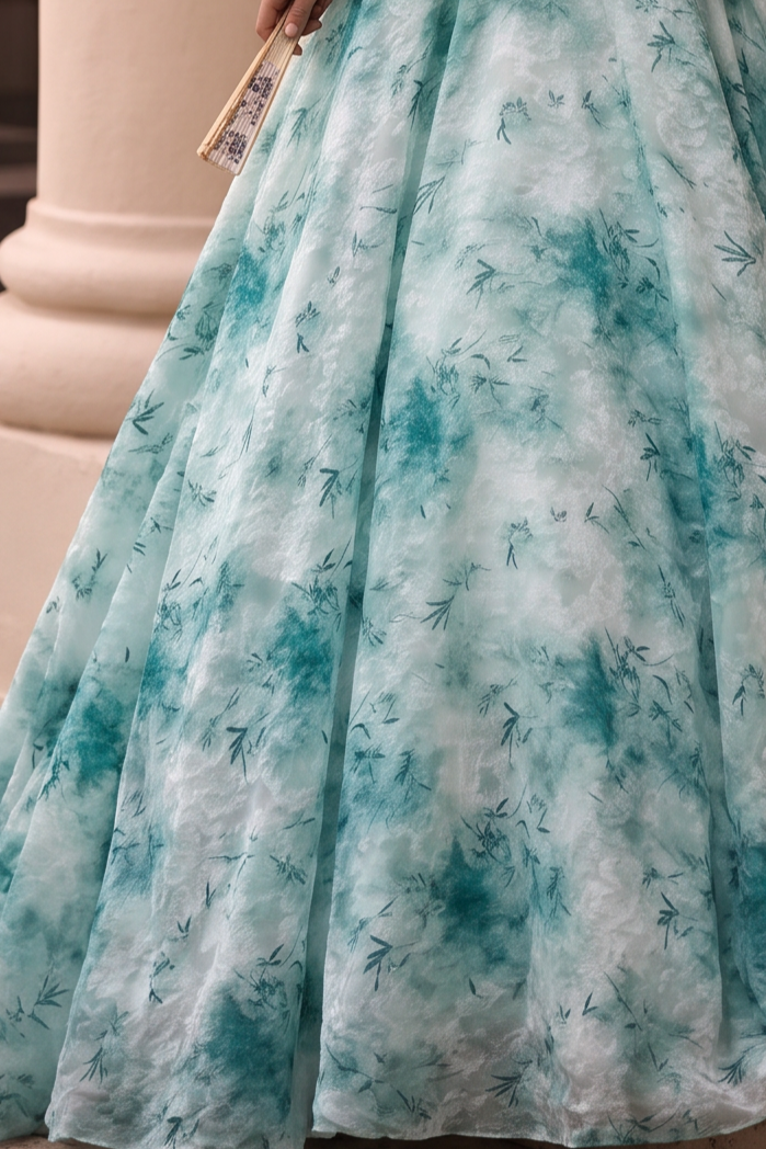 Aqua Blue Floral Off-Shoulder Vintage Ball Gown Evening Dress - Plus Size