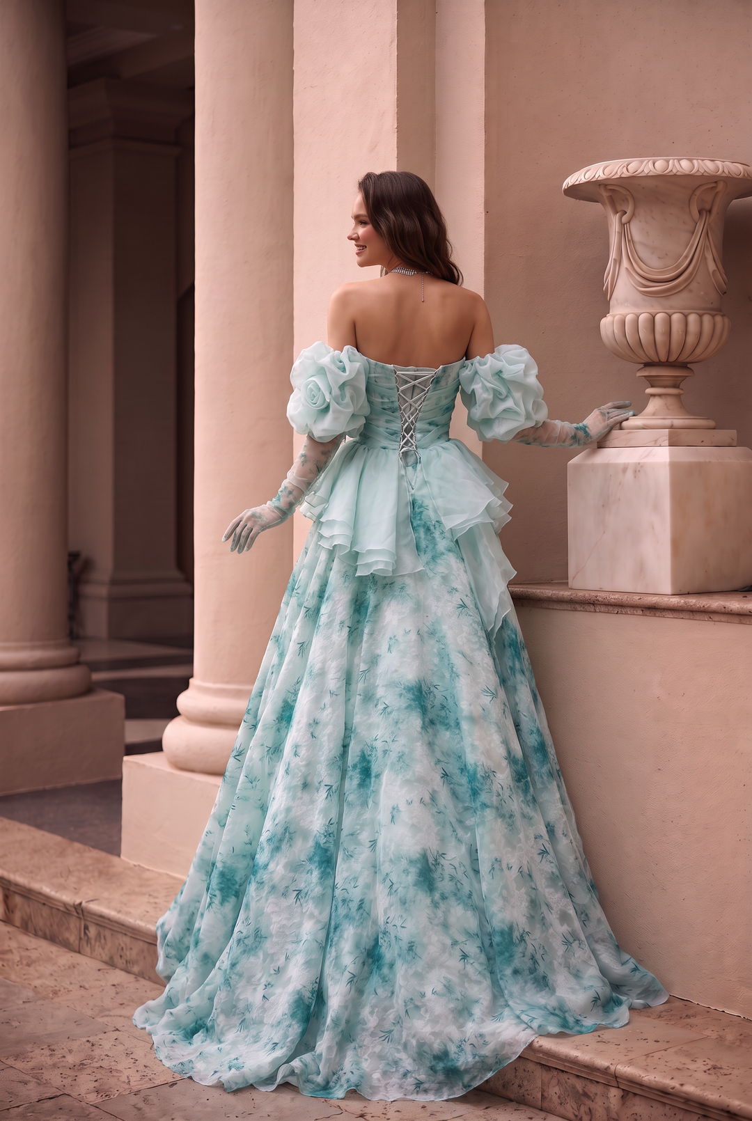 Aqua Blue Floral Off-Shoulder Vintage Ball Gown Evening Dress - Plus Size