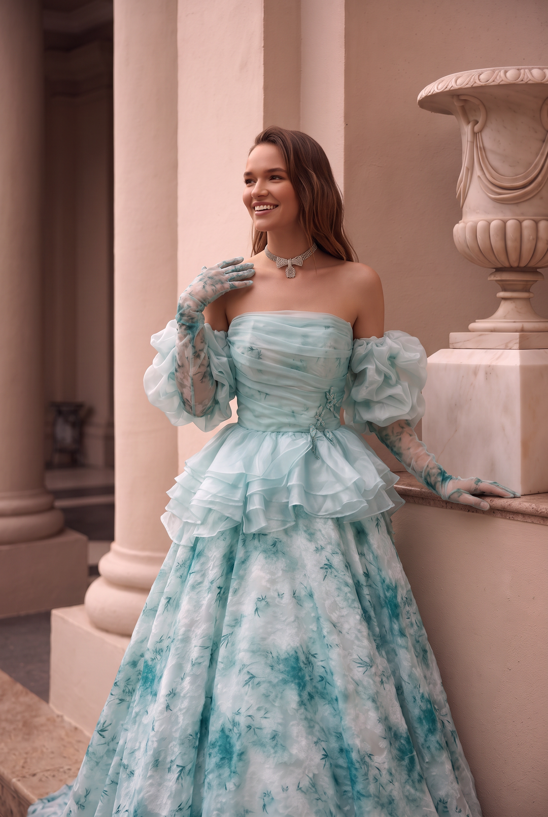 Aqua Blue Floral Off-Shoulder Vintage Ball Gown Evening Dress - Plus Size