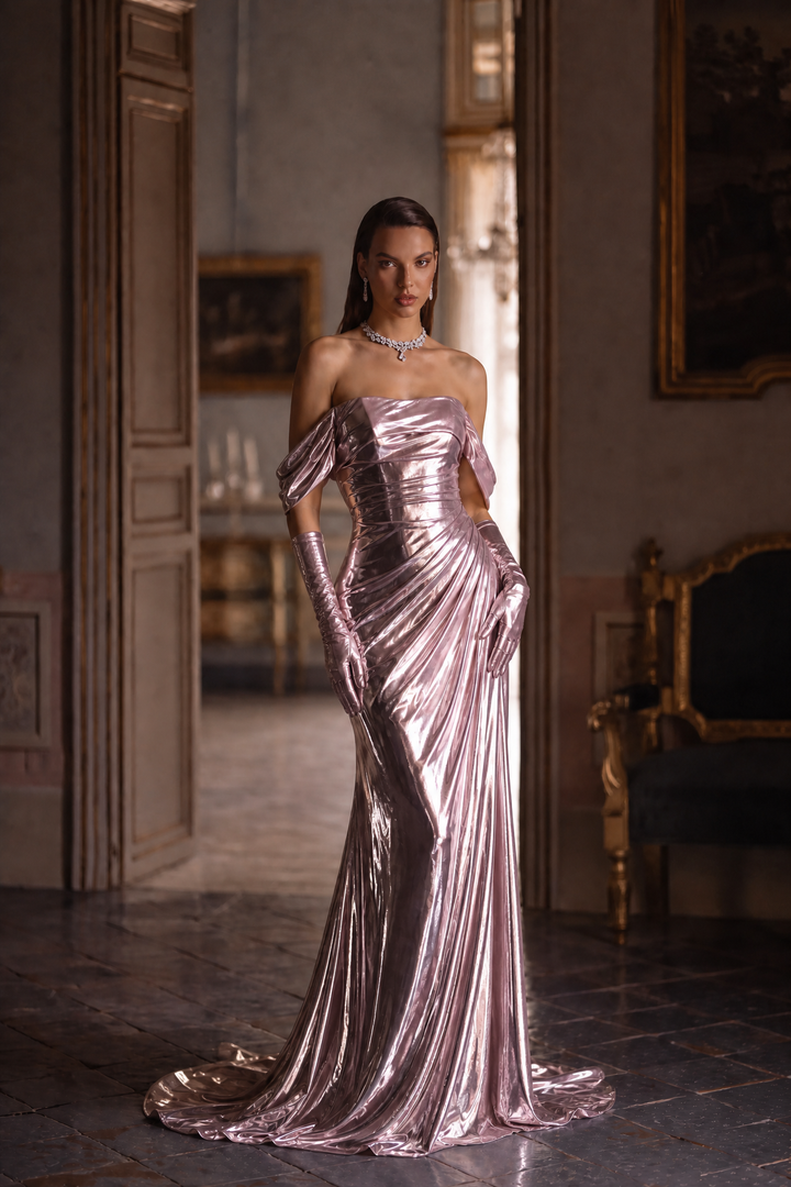 Blush Pink Off-the-Shoulder Velvet Evening Gown with Train - Plus Size