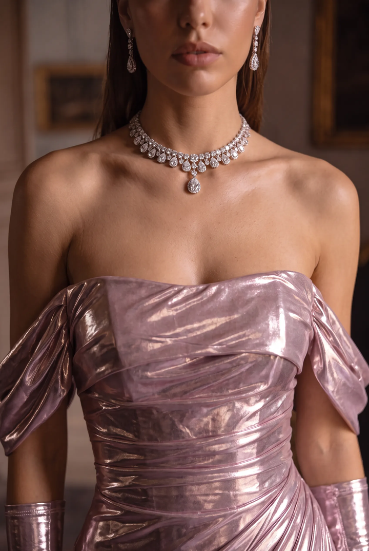Blush Pink Off-the-Shoulder Velvet Evening Gown with Train - Plus Size