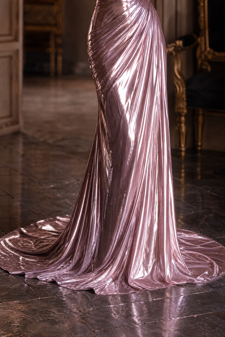 Blush Pink Off-the-Shoulder Velvet Evening Gown with Train - Plus Size