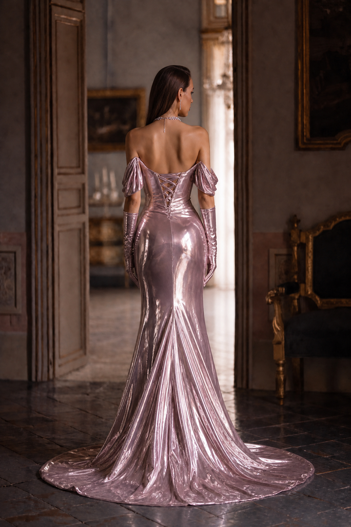 Blush Pink Off-the-Shoulder Velvet Evening Gown with Train - Plus Size