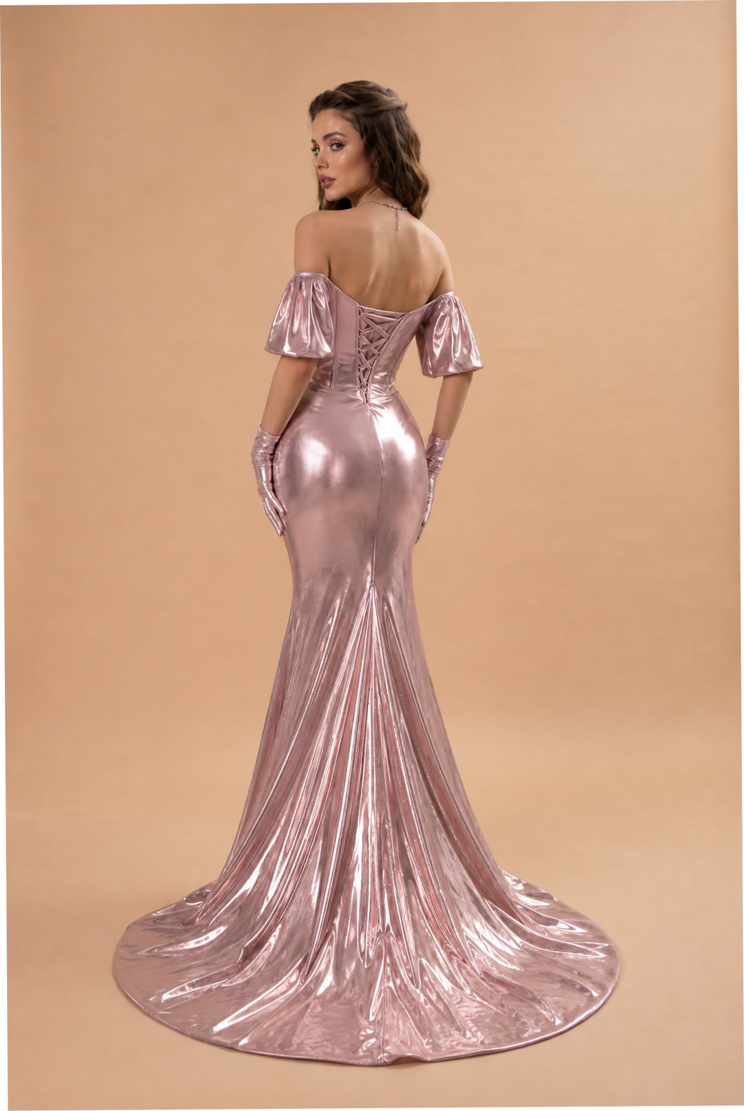 Blush Pink Off-the-Shoulder Velvet Evening Gown with Train - Plus Size