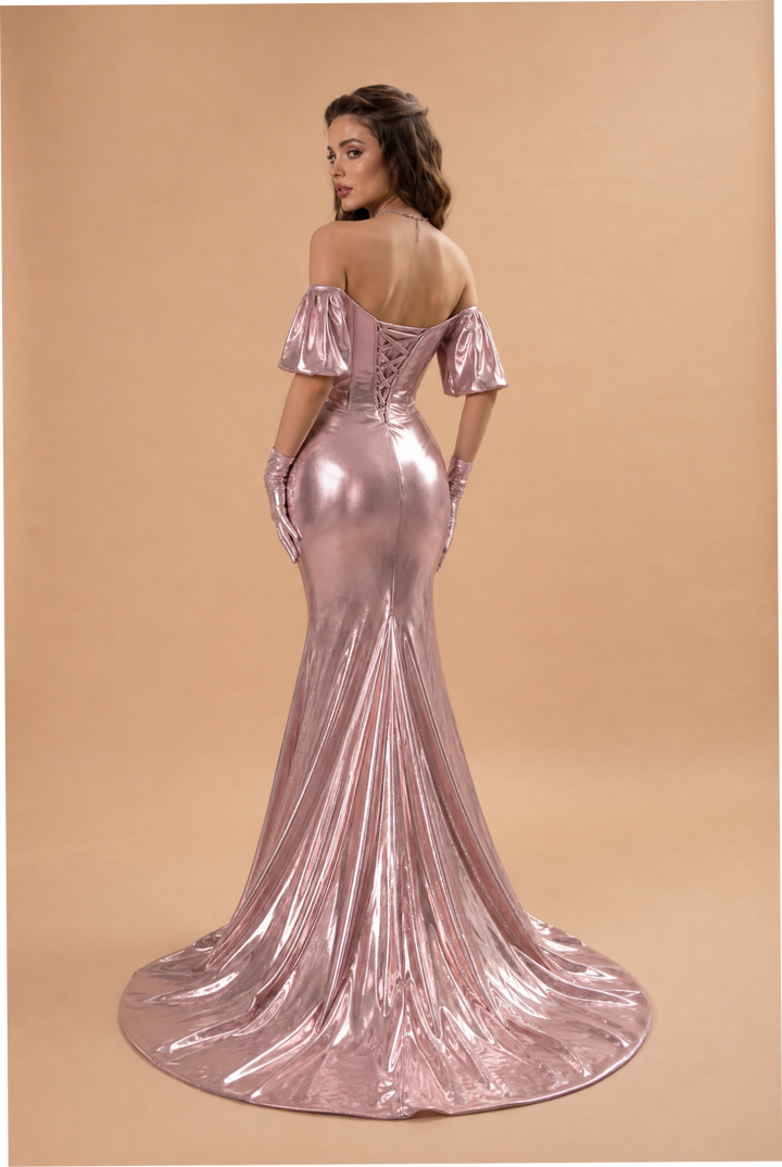 Blush Pink Off-the-Shoulder Velvet Evening Gown with Train - Plus Size
