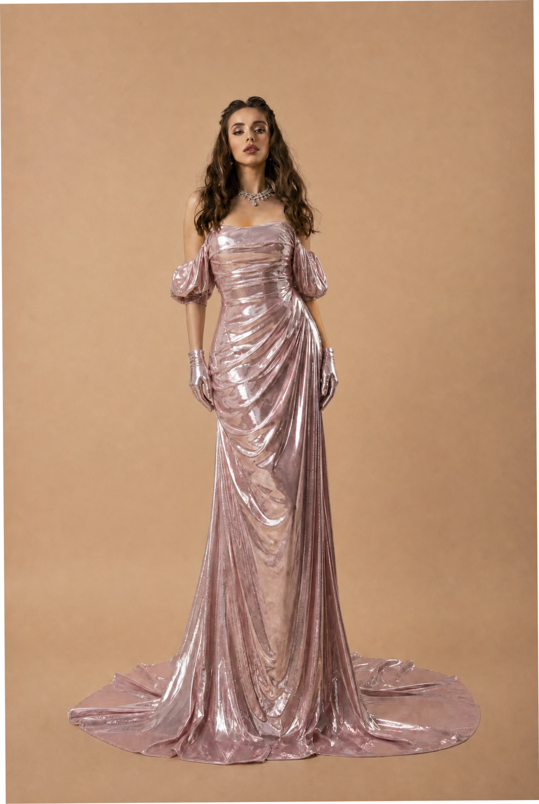 Blush Pink Off-the-Shoulder Velvet Evening Gown with Train - Plus Size