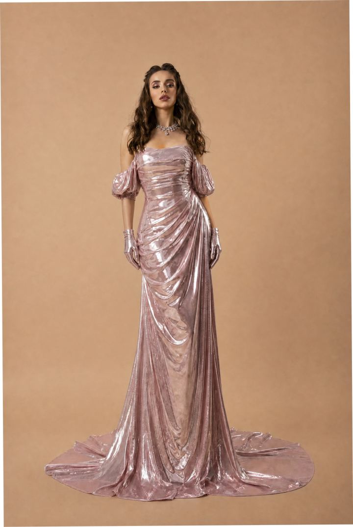 Blush Pink Off-the-Shoulder Velvet Evening Gown with Train - Plus Size