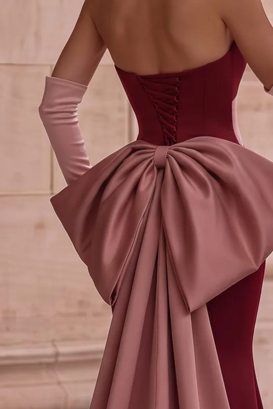 BROWN RED SATIN MERMAID PROM DRESS WITH Bow Tie Train - Corset EVENING GOWN PLUS SIZE