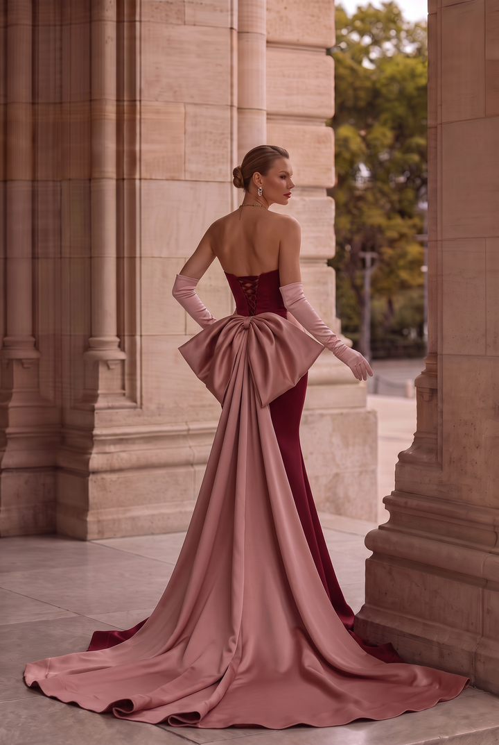 BROWN RED SATIN MERMAID PROM DRESS WITH Bow Tie Train