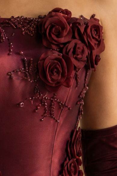 Burgundy Strapless Layered Ruffle Dress with Floral Appliqué – Floral Evening Dress with Corset Back Plus Size