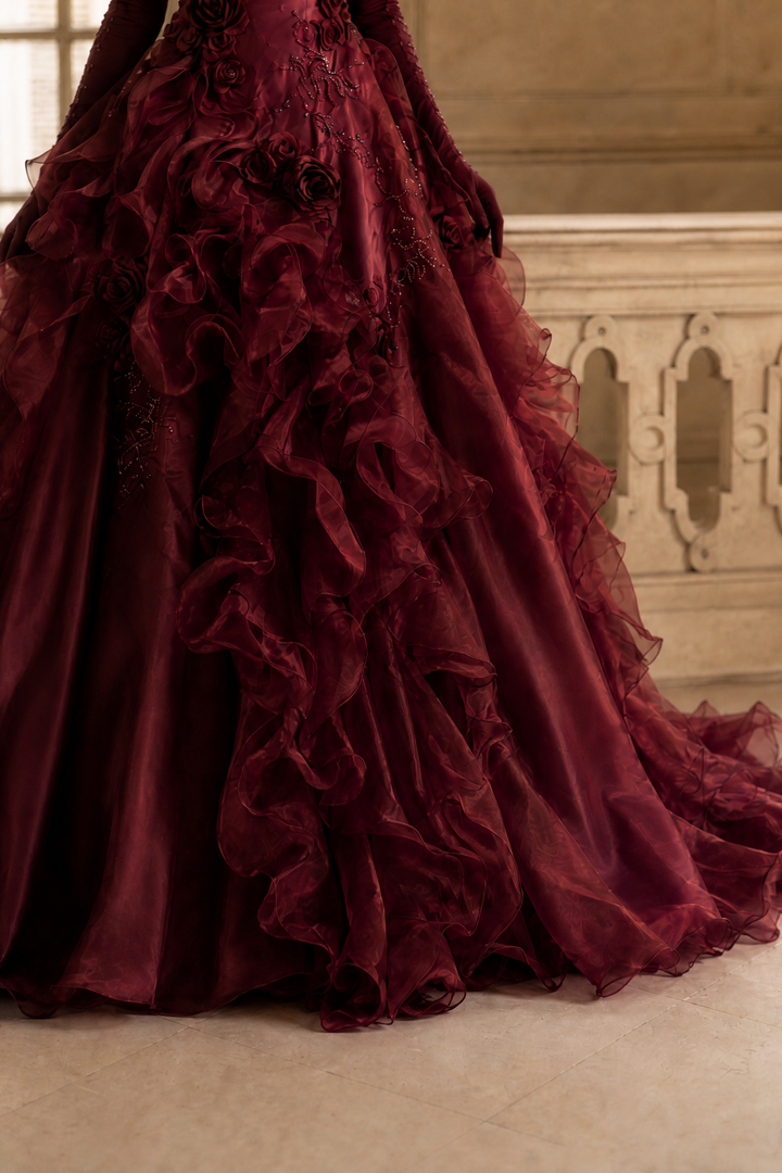 Burgundy Strapless Layered Ruffle Dress with Floral Appliqué – Floral Evening Dress with Corset Back Plus Size