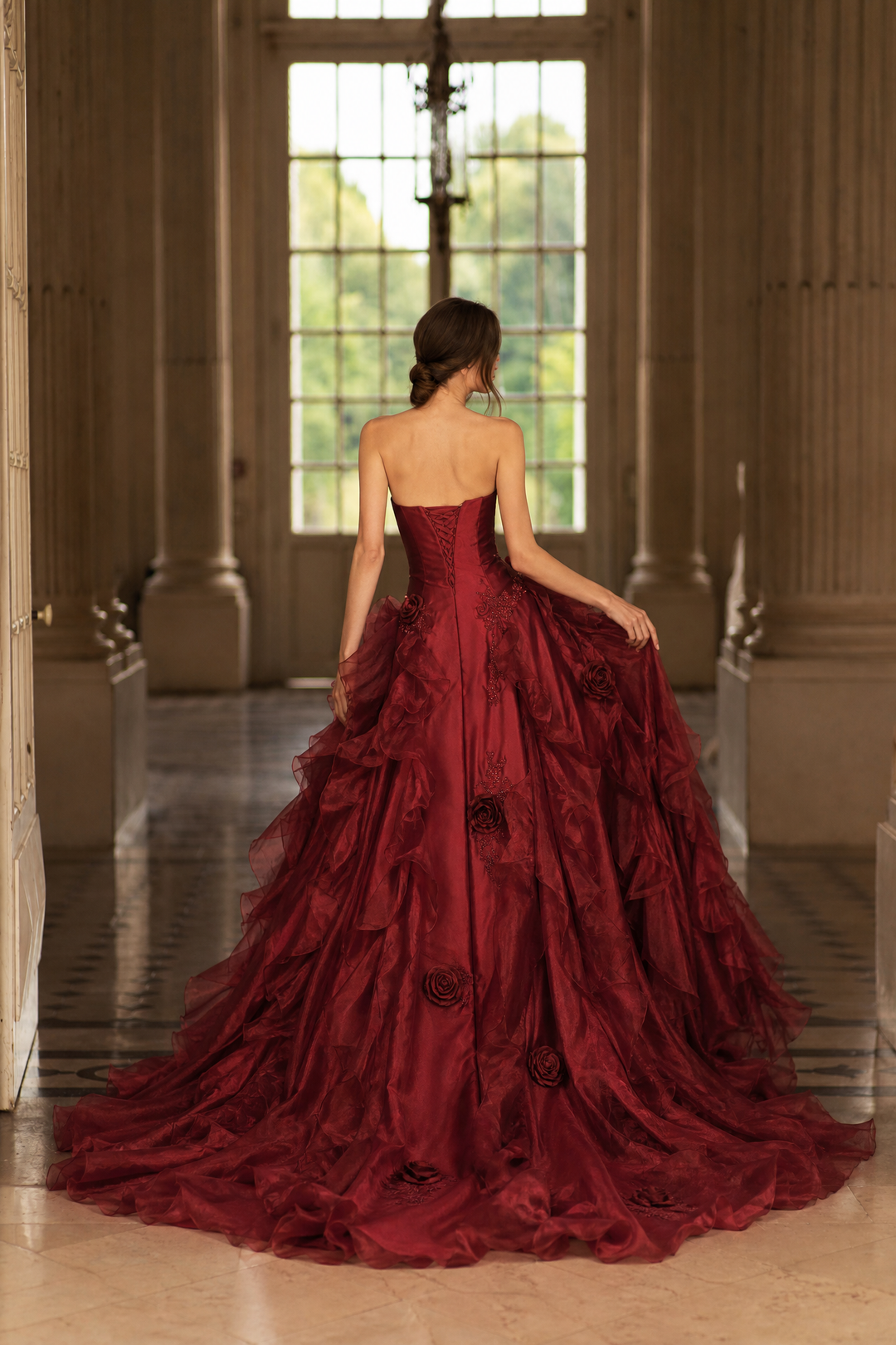 Burgundy Strapless Layered Ruffle Dress with Floral Appliqué – Floral Evening Dress with Corset Back Plus Size