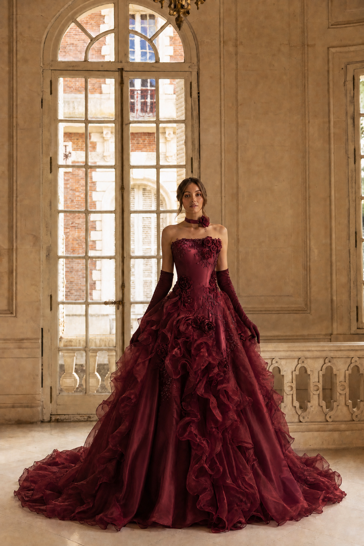 Burgundy Strapless Layered Ruffle Dress with Floral Appliqué – Floral Evening Dress with Corset Back Plus Size