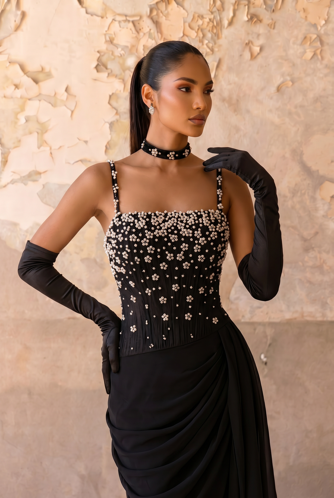 Elegantes Champagner-Abendkleid mit Pailletten und Tüll - Champagner-Kleid für Hochzeitsgäste - Hübsches Paillettenkleid mit langen Ärmeln in Übergröße