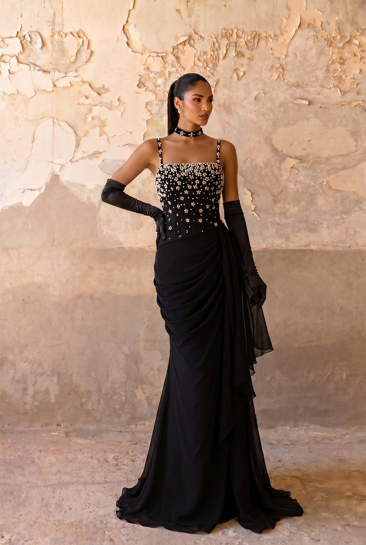 Elegantes Champagner-Abendkleid mit Pailletten und Tüll - Champagner-Kleid für Hochzeitsgäste - Hübsches Paillettenkleid mit langen Ärmeln in Übergröße